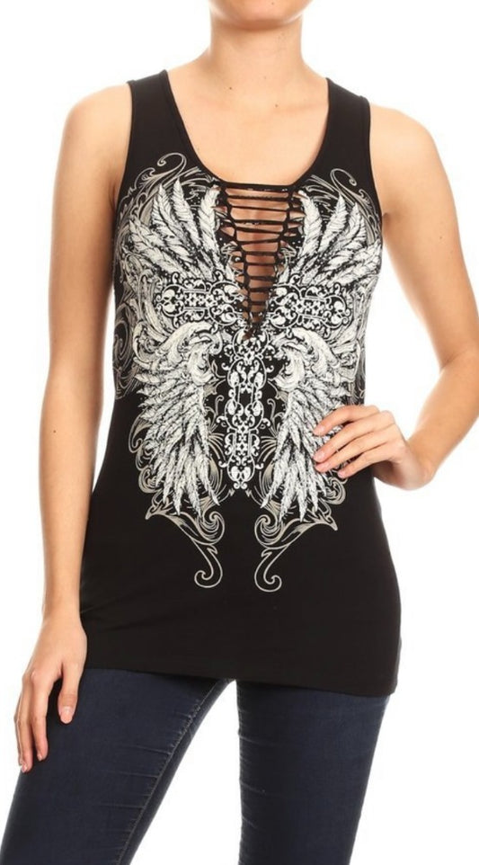 Platinum Plush Feather Angel Wings and Cross Tank with Deep Braided V-neck