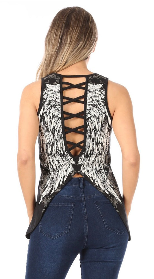 Platinum Plush Angel Wing Tank with Criss Cross Back Cut Out