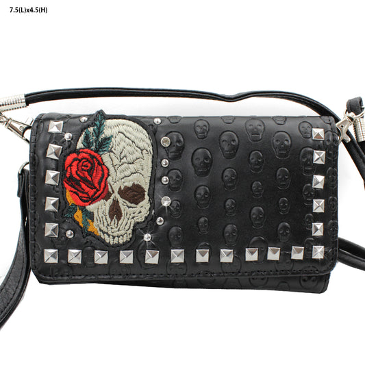 Rose and Skull Embroidered Wristlet/Crossbody with Stone and Studd Details